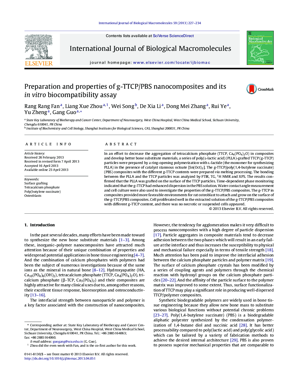 Preparation and properties of g-TTCP/PBS nanocomposites and its in vitro biocompatibility assay