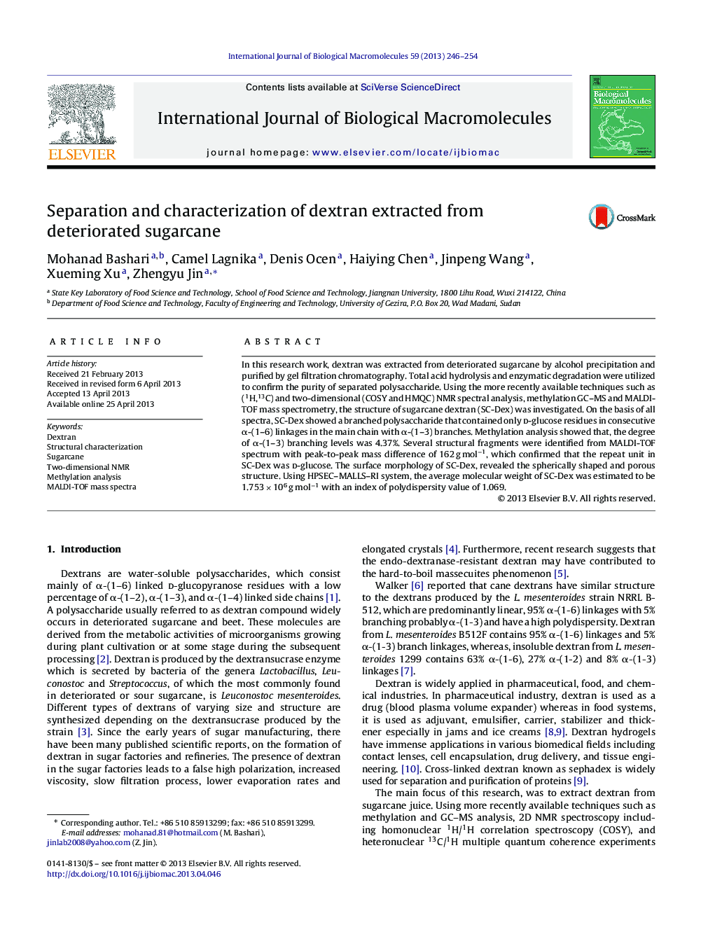 Separation and characterization of dextran extracted from deteriorated sugarcane