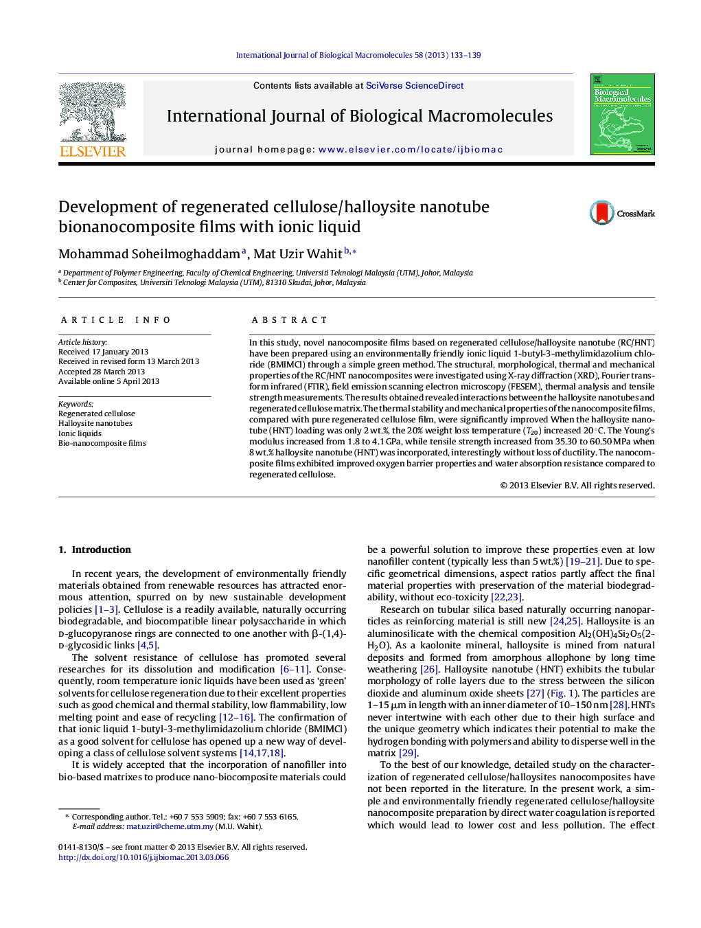 Development of regenerated cellulose/halloysite nanotube bionanocomposite films with ionic liquid