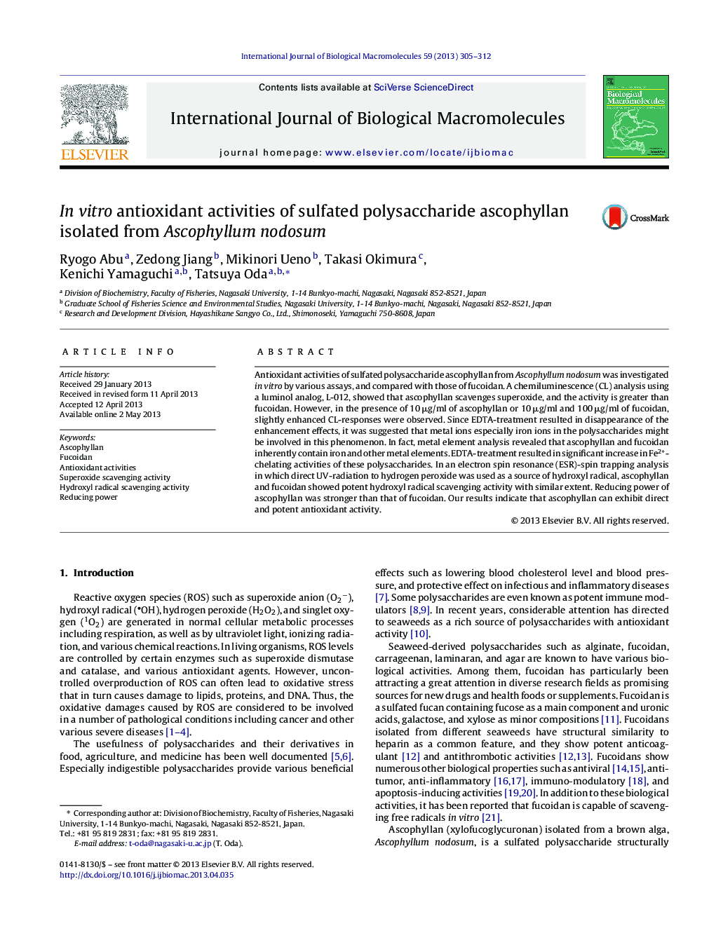 In vitro antioxidant activities of sulfated polysaccharide ascophyllan isolated from Ascophyllum nodosum