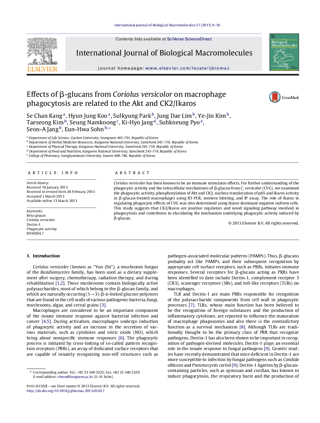 Effects of Î²-glucans from Coriolus versicolor on macrophage phagocytosis are related to the Akt and CK2/Ikaros