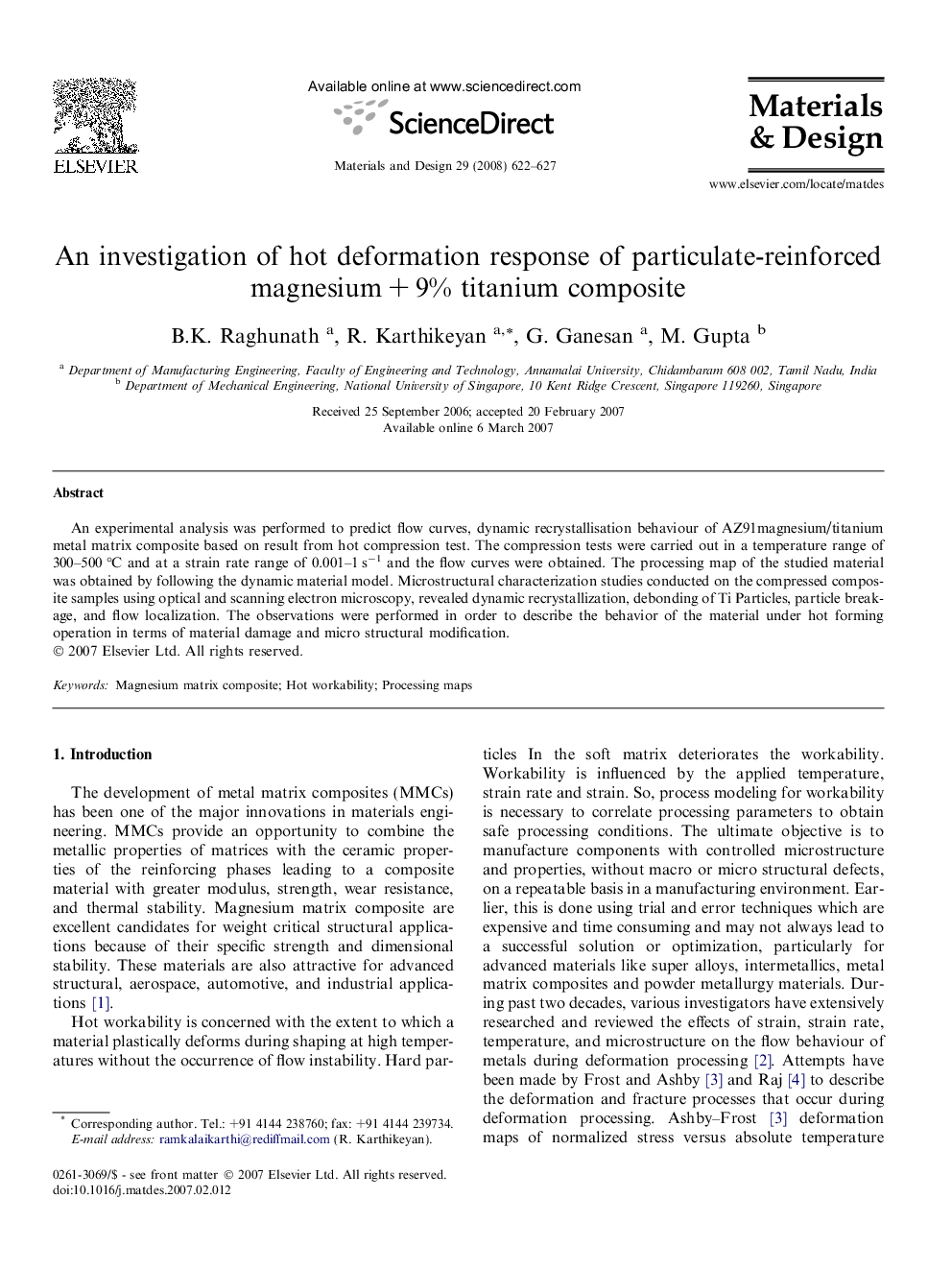 An investigation of hot deformation response of particulate-reinforced magnesium + 9% titanium composite