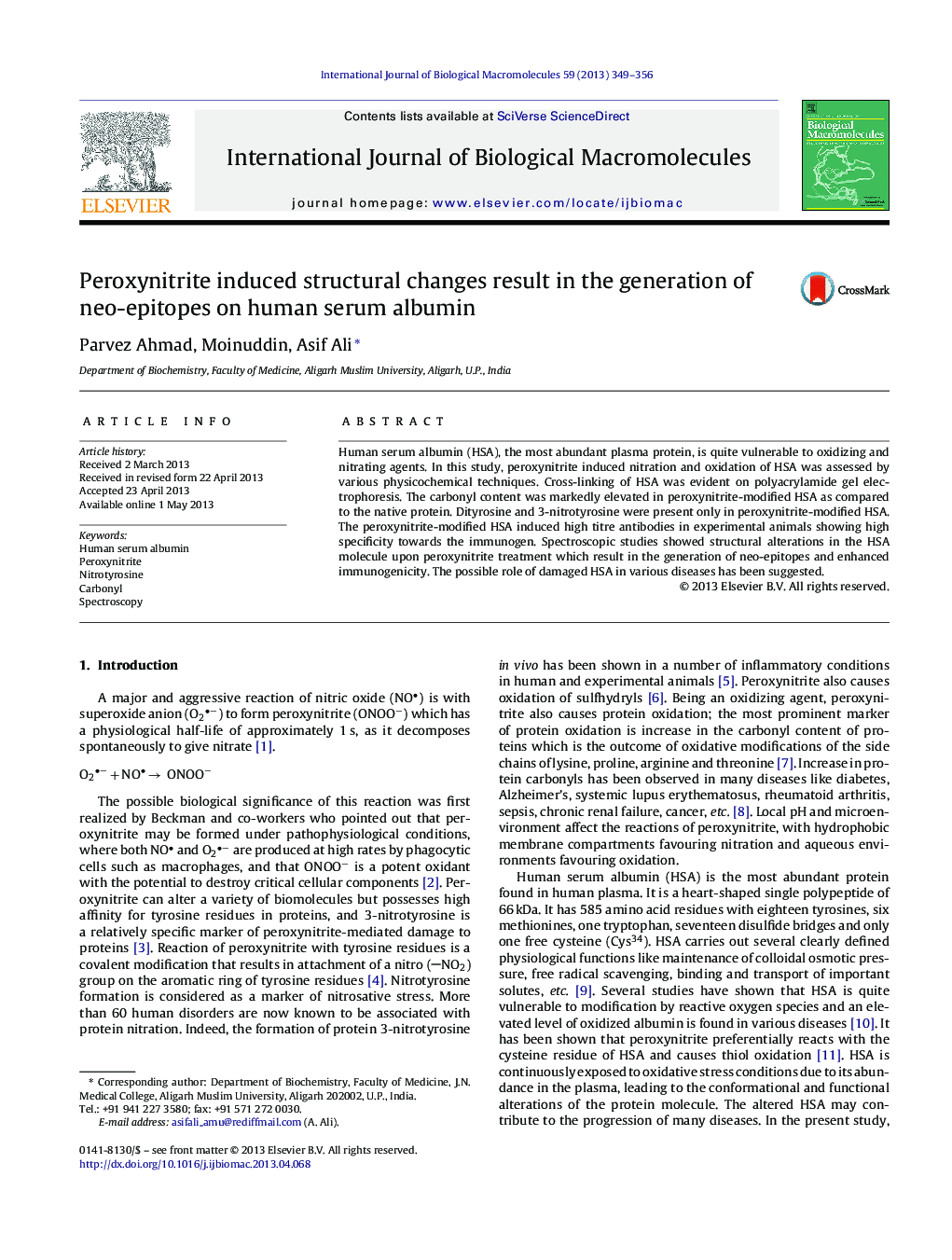 Peroxynitrite induced structural changes result in the generation of neo-epitopes on human serum albumin