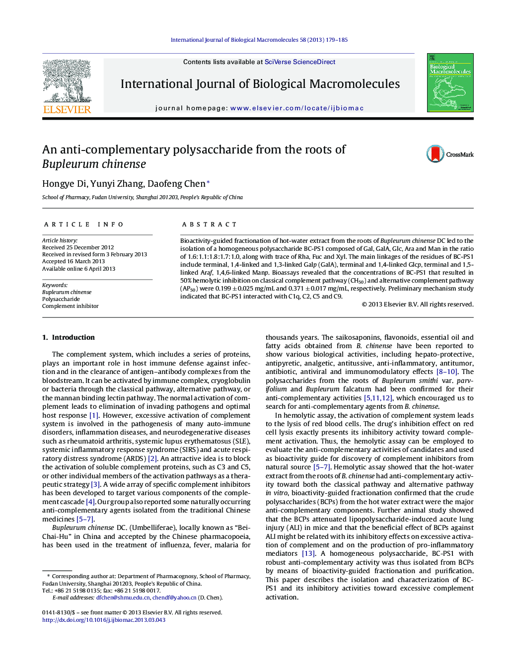 An anti-complementary polysaccharide from the roots of Bupleurum chinense