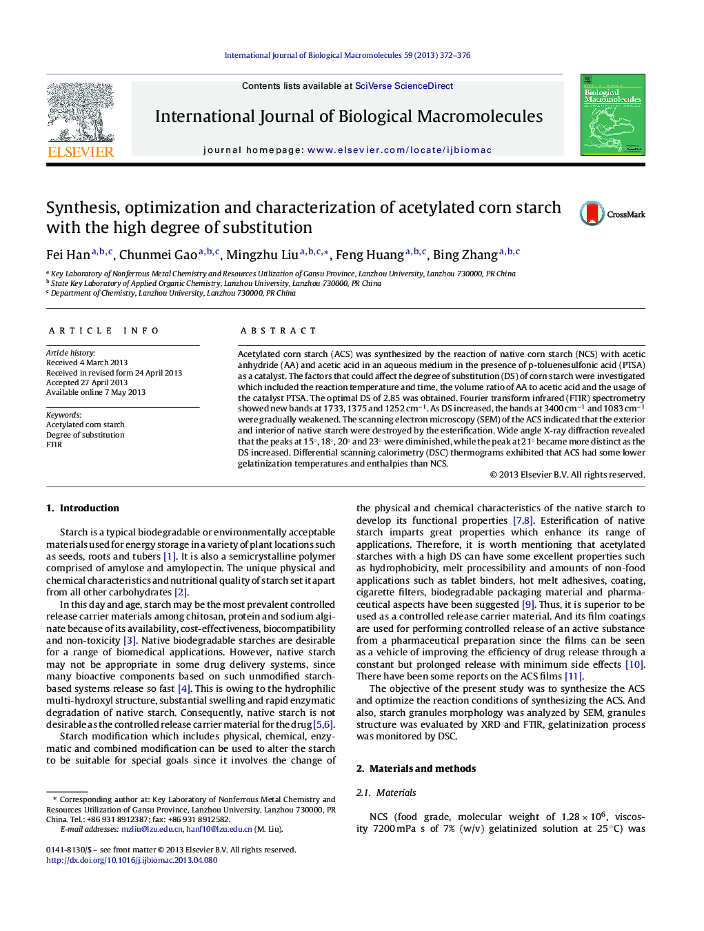 Synthesis, optimization and characterization of acetylated corn starch with the high degree of substitution