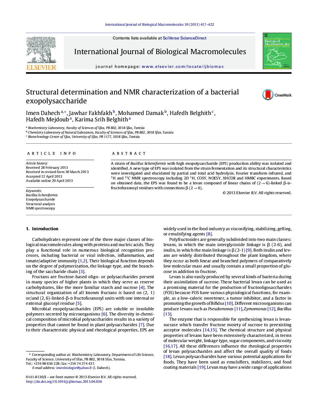 Structural determination and NMR characterization of a bacterial exopolysaccharide