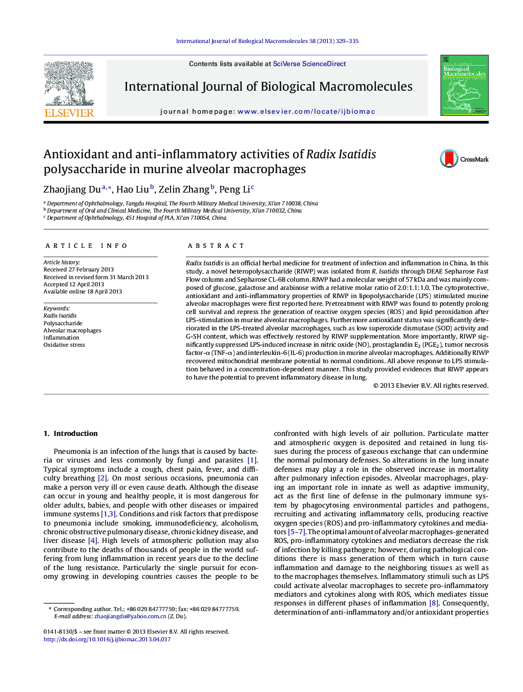 Antioxidant and anti-inflammatory activities of Radix Isatidis polysaccharide in murine alveolar macrophages