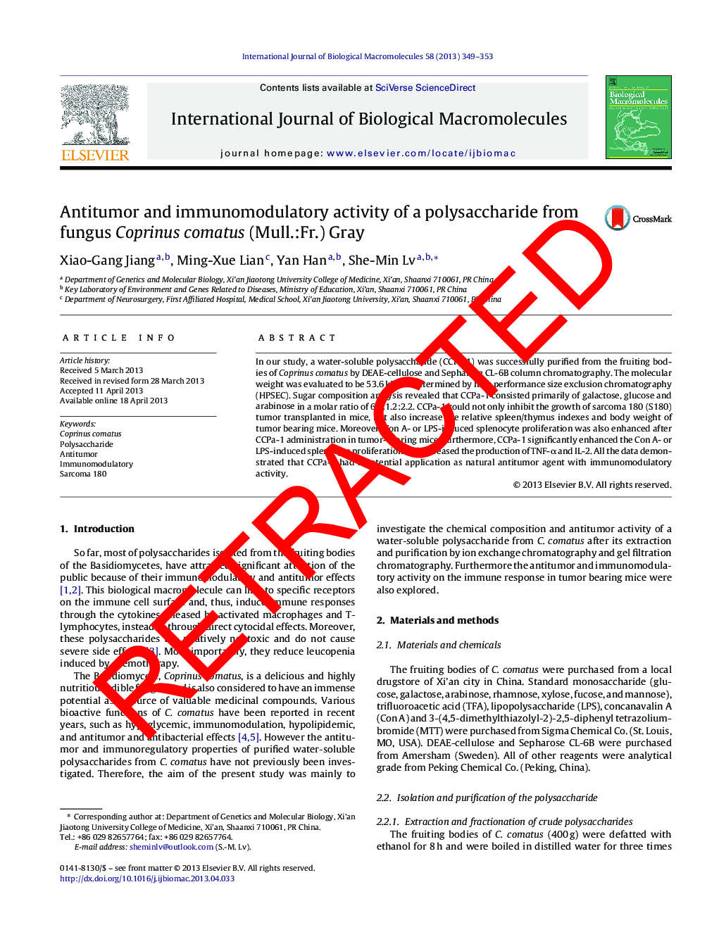 RETRACTED: Antitumor and immunomodulatory activity of a polysaccharide from fungus Coprinus comatus (Mull.:Fr.) Gray
