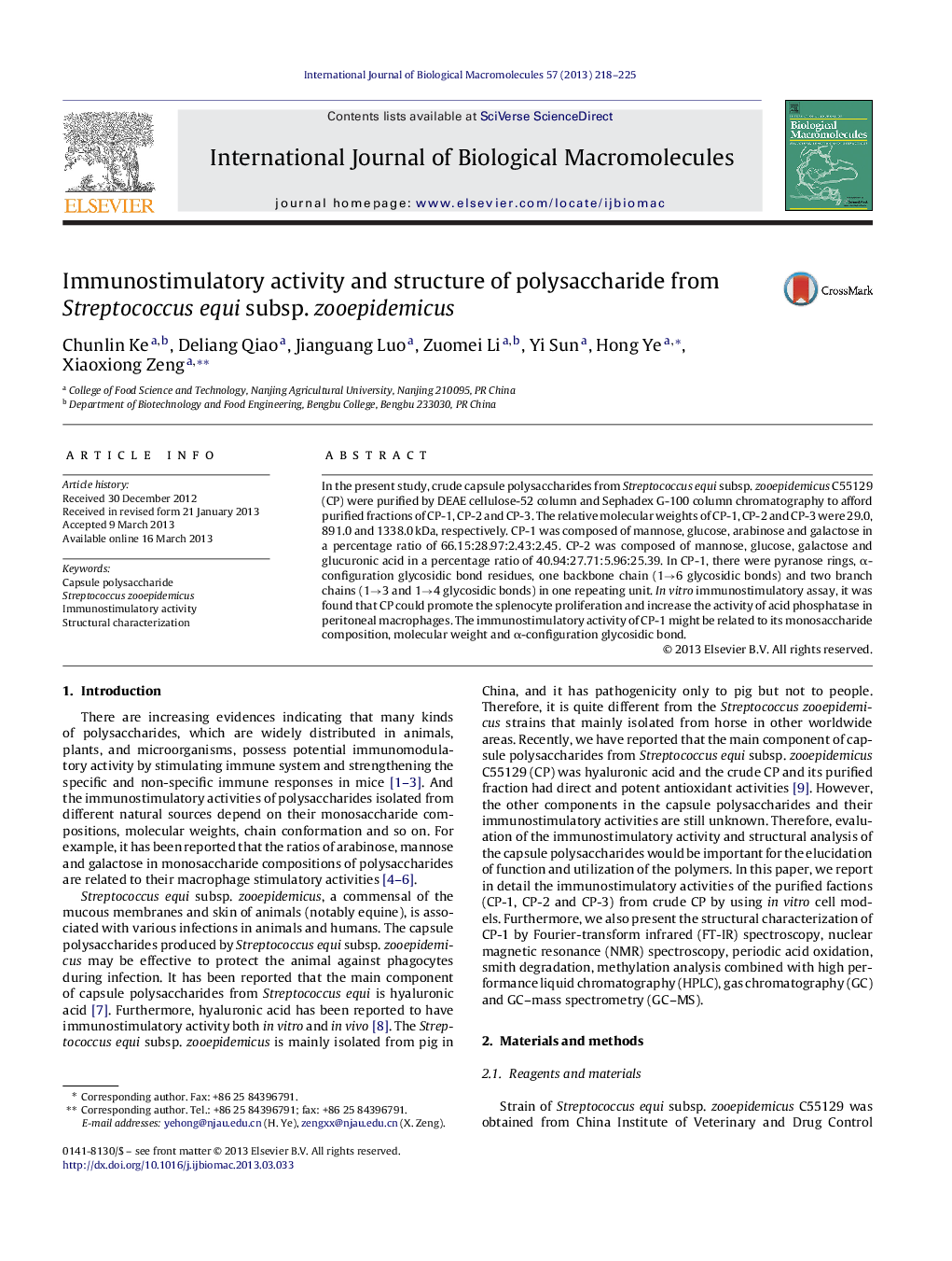 Immunostimulatory activity and structure of polysaccharide from Streptococcus equi subsp. zooepidemicus