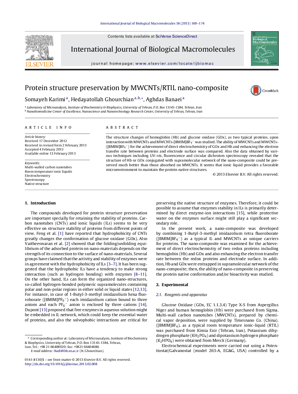 Protein structure preservation by MWCNTs/RTIL nano-composite