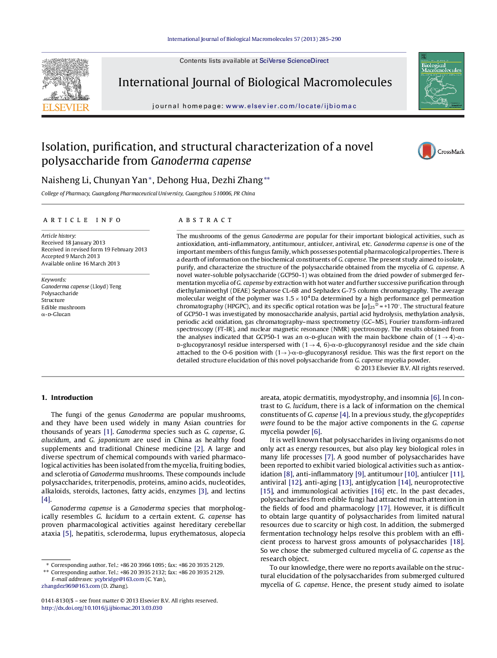 Isolation, purification, and structural characterization of a novel polysaccharide from Ganoderma capense