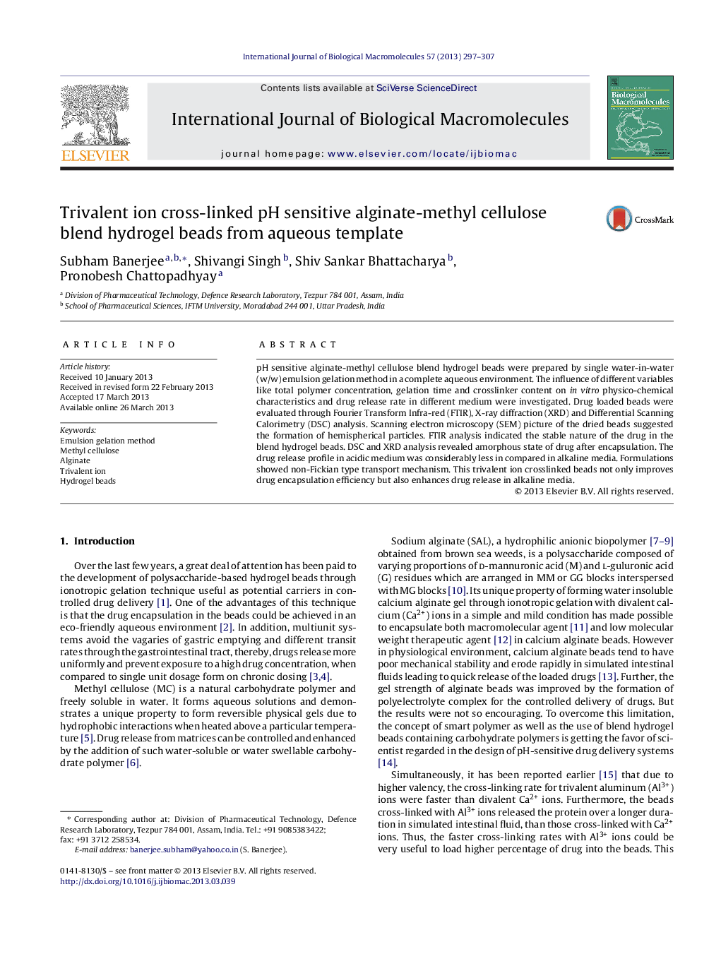 Trivalent ion cross-linked pH sensitive alginate-methyl cellulose blend hydrogel beads from aqueous template