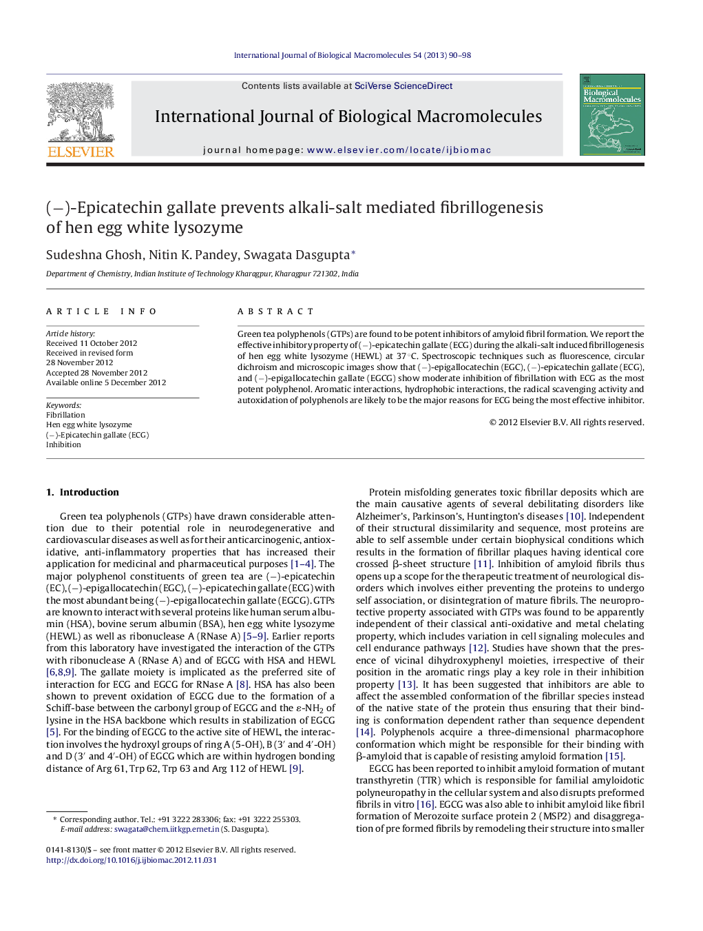 (â)-Epicatechin gallate prevents alkali-salt mediated fibrillogenesis of hen egg white lysozyme