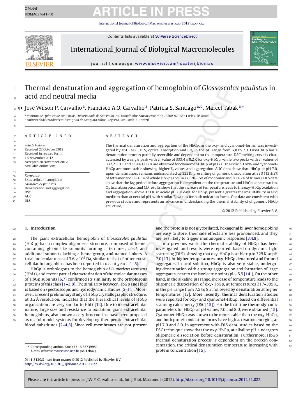 Thermal denaturation and aggregation of hemoglobin of Glossoscolex paulistus in acid and neutral media