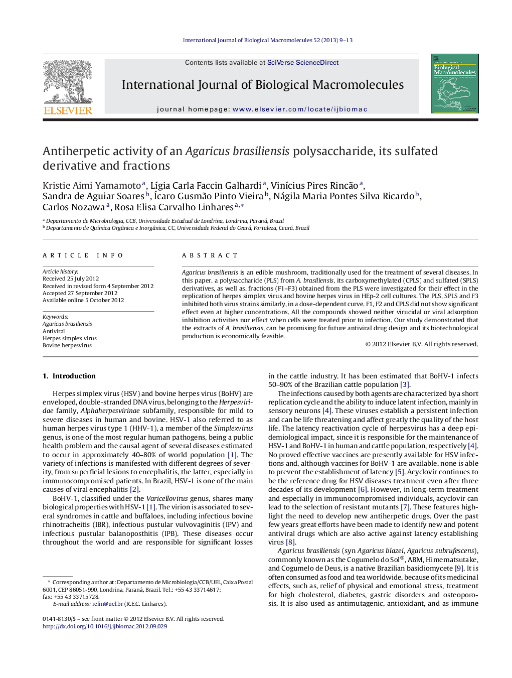 Antiherpetic activity of an Agaricus brasiliensis polysaccharide, its sulfated derivative and fractions