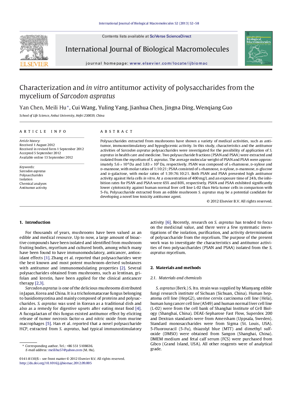 عکس صفحه اول مقاله: Characterization and in vitro antitumor activity of polysaccharides from the mycelium of Sarcodon aspratus Characterization and in vitro antitumor activity of polysaccharides from the mycelium of Sarcodon aspratus