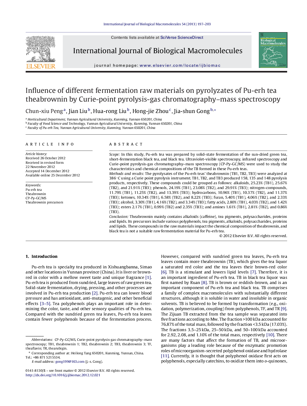 تأثیر ماده خام تخمیری مختلف بر پریولزاتهای چای پره هرم توسط کروی - طیف سنجی جرم کروماتوگرافی گاز پریروز - گاز 