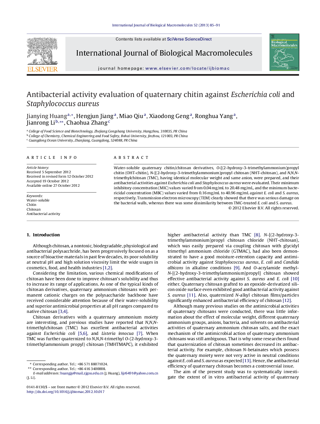 Antibacterial activity evaluation of quaternary chitin against Escherichia coli and Staphylococcus aureus