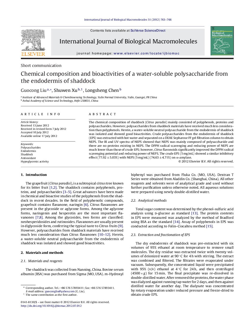 Chemical composition and bioactivities of a water-soluble polysaccharide from the endodermis of shaddock