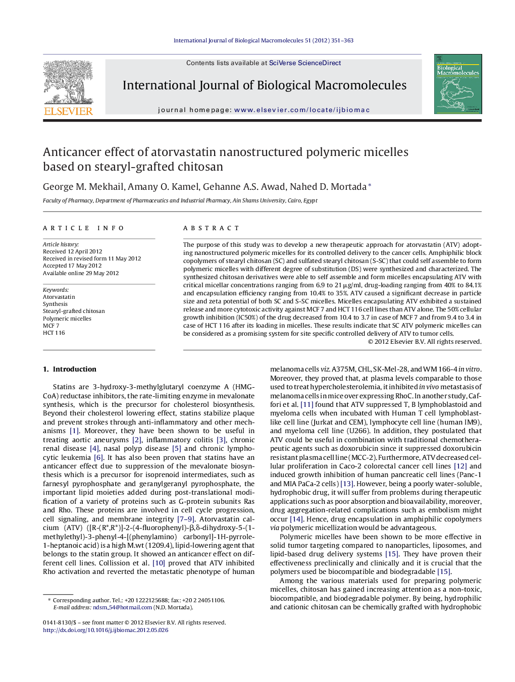 Anticancer effect of atorvastatin nanostructured polymeric micelles based on stearyl-grafted chitosan