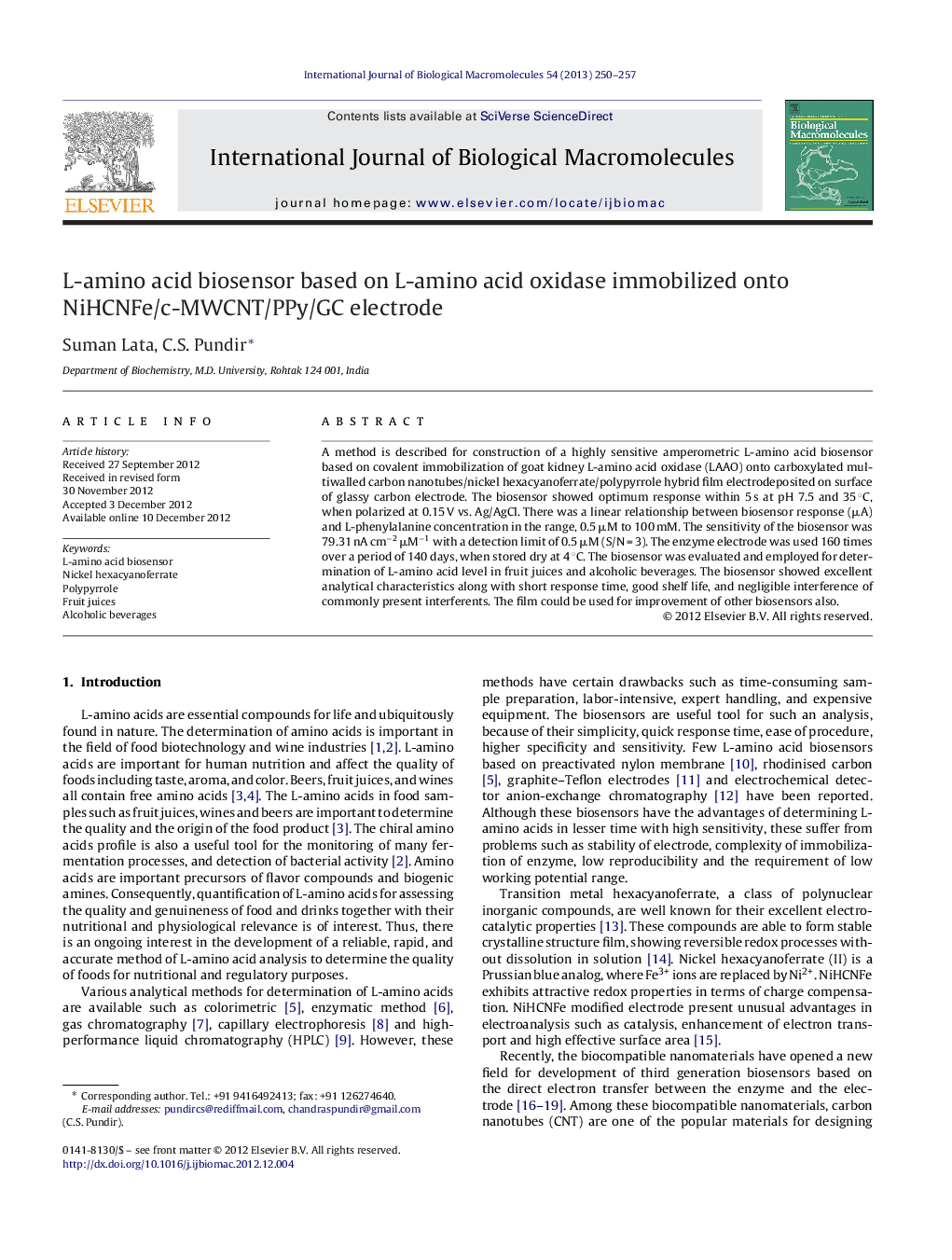 L-amino acid biosensor based on L-amino acid oxidase immobilized onto NiHCNFe/c-MWCNT/PPy/GC electrode