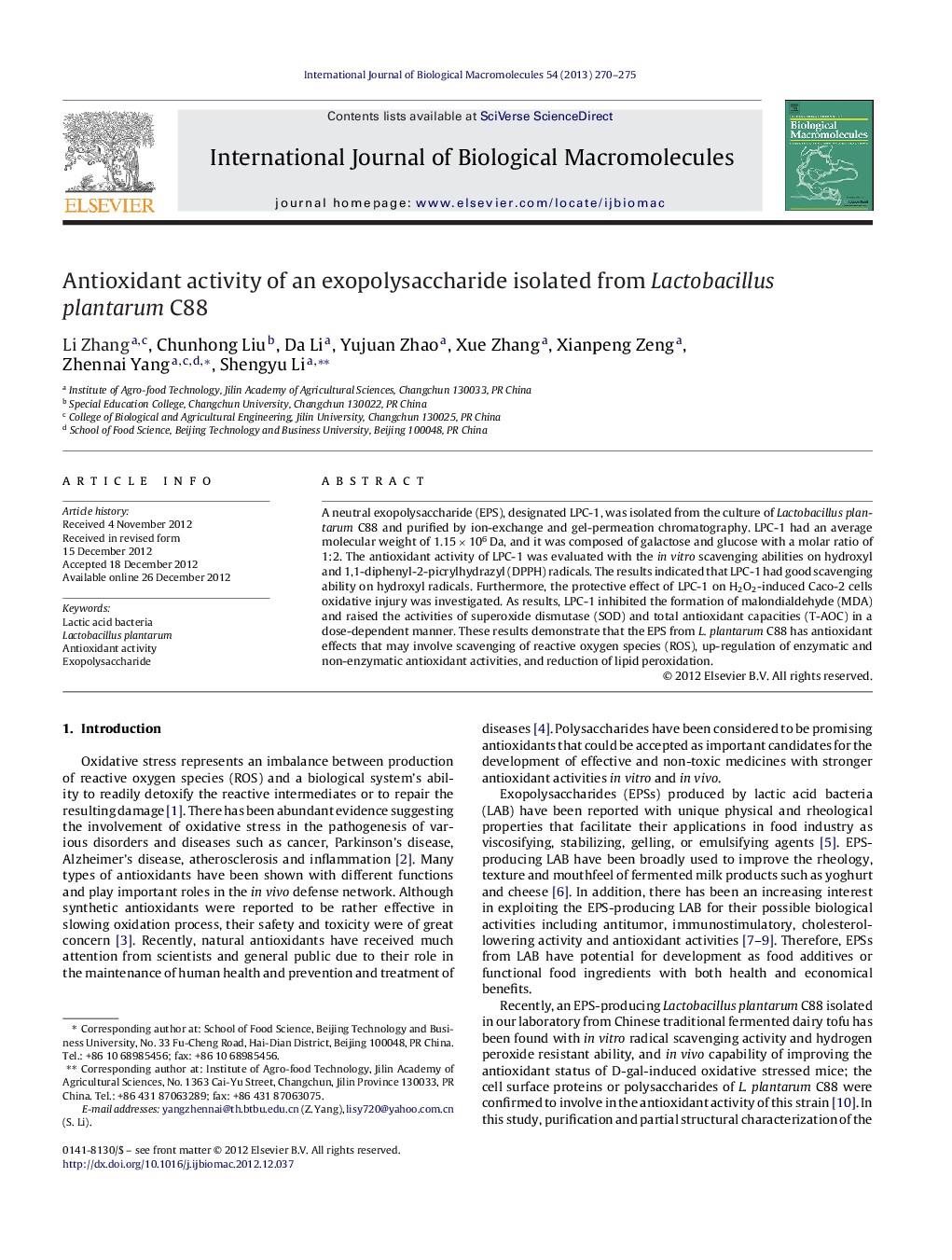 Antioxidant activity of an exopolysaccharide isolated from Lactobacillus plantarum C88