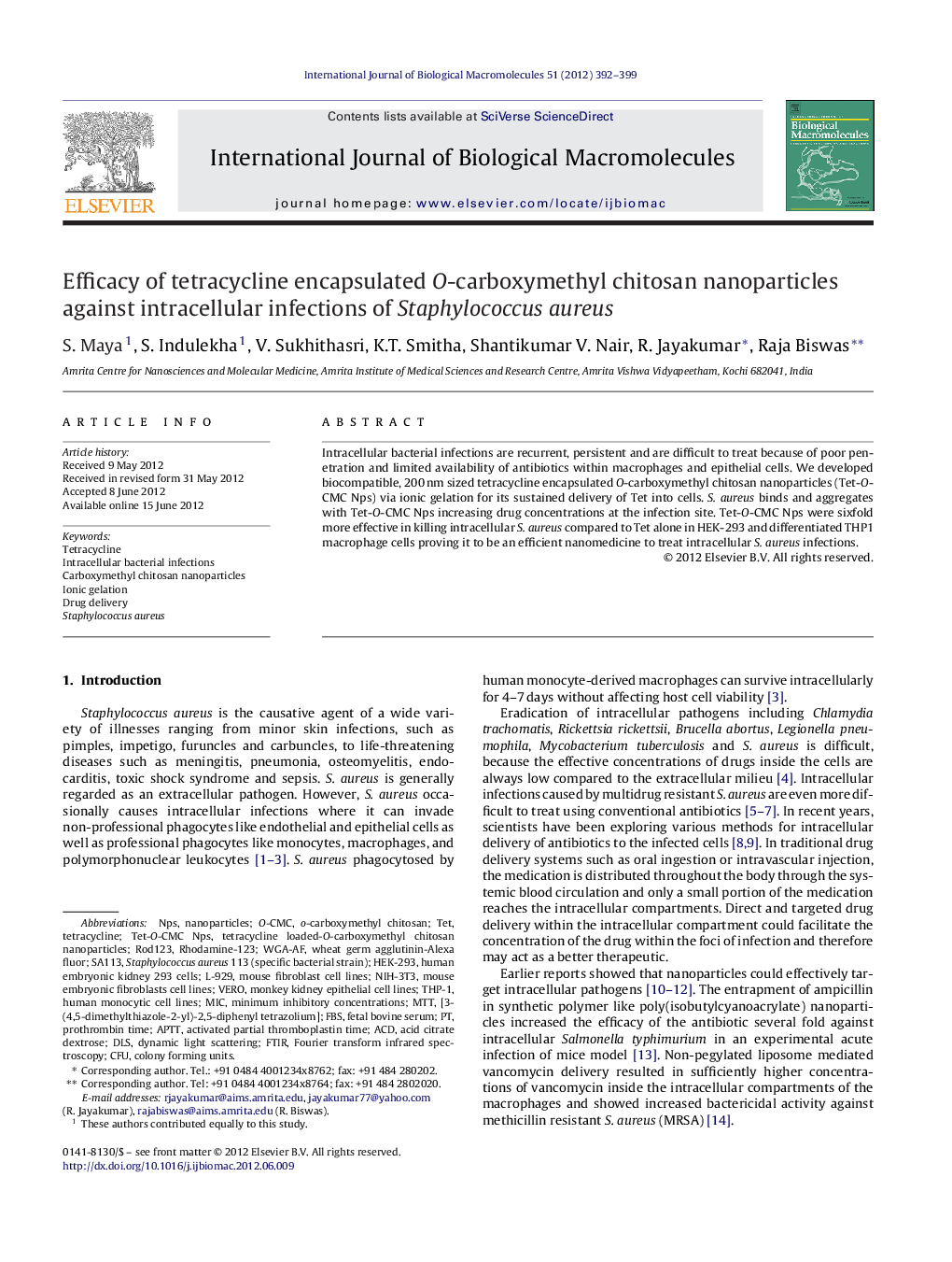 Efficacy of tetracycline encapsulated O-carboxymethyl chitosan nanoparticles against intracellular infections of Staphylococcus aureus