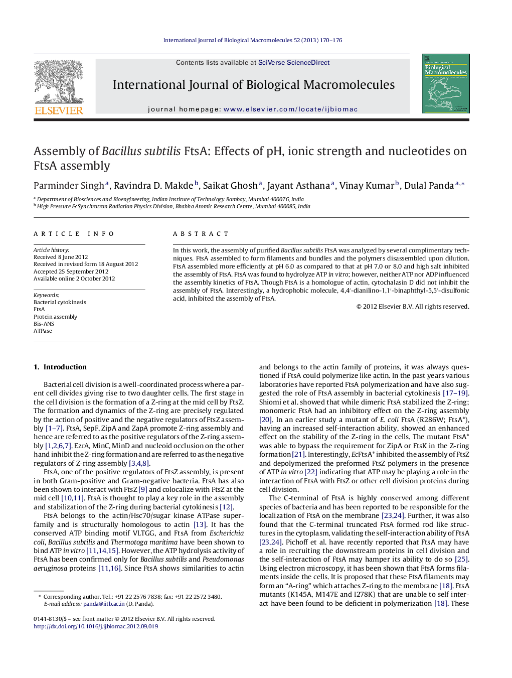 Assembly of Bacillus subtilis FtsA: Effects of pH, ionic strength and nucleotides on FtsA assembly