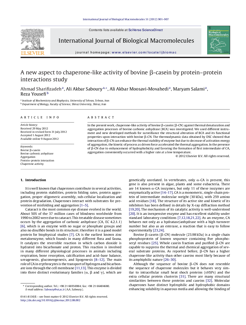 A new aspect to chaperone-like activity of bovine Î²-casein by protein-protein interactions study