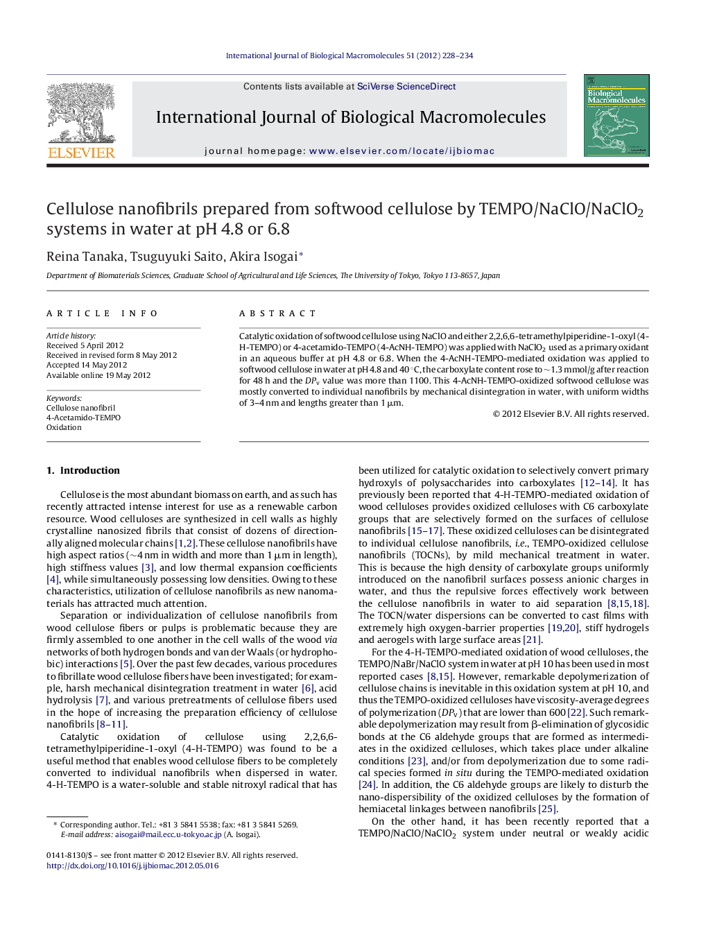 Cellulose nanofibrils prepared from softwood cellulose by TEMPO/NaClO/NaClO2 systems in water at pH 4.8 or 6.8