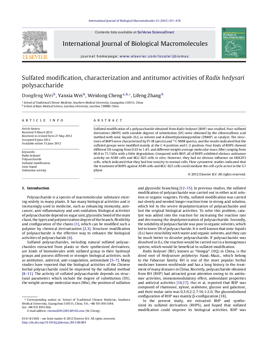 Sulfated modification, characterization and antitumor activities of Radix hedysari polysaccharide