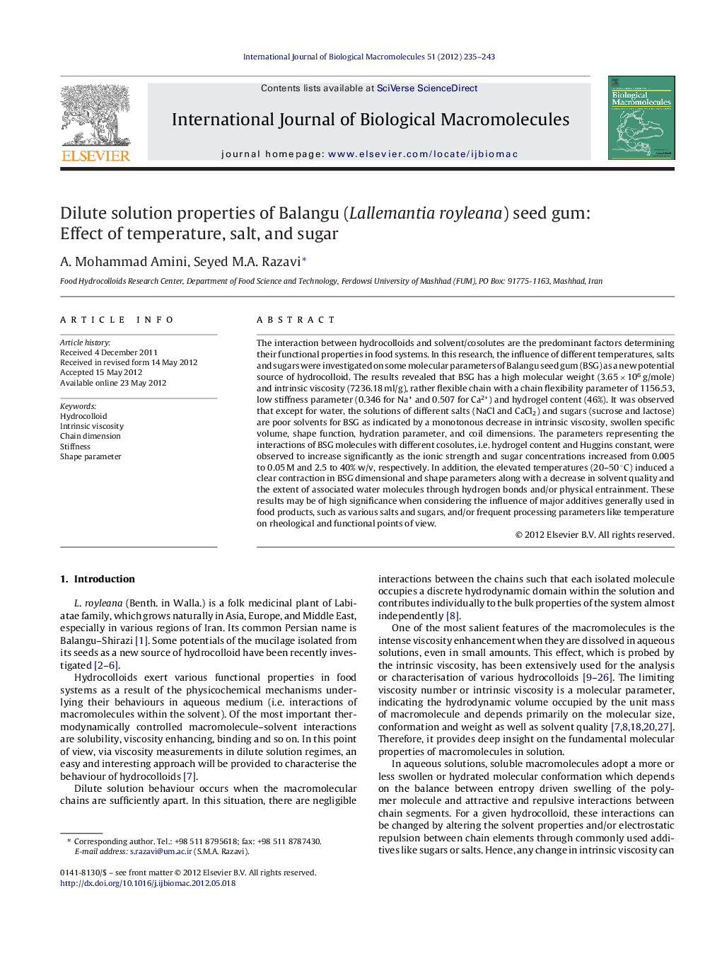 Dilute solution properties of Balangu (Lallemantia royleana) seed gum: Effect of temperature, salt, and sugar