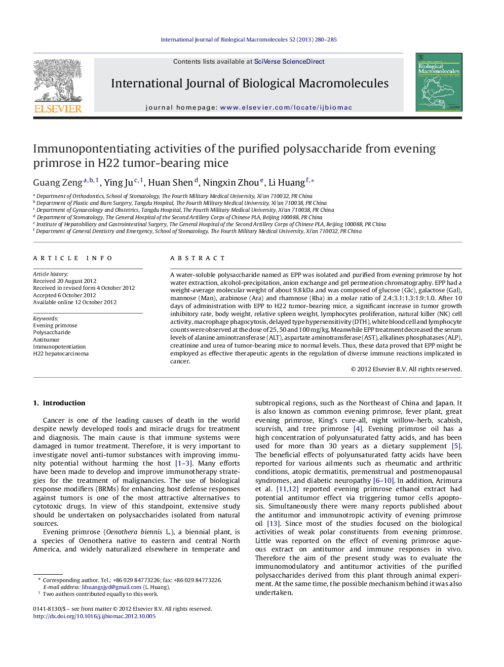 Immunopontentiating activities of the purified polysaccharide from evening primrose in H22 tumor-bearing mice