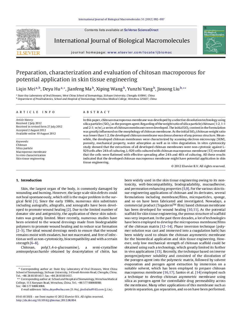 Preparation, characterization and evaluation of chitosan macroporous for potential application in skin tissue engineering