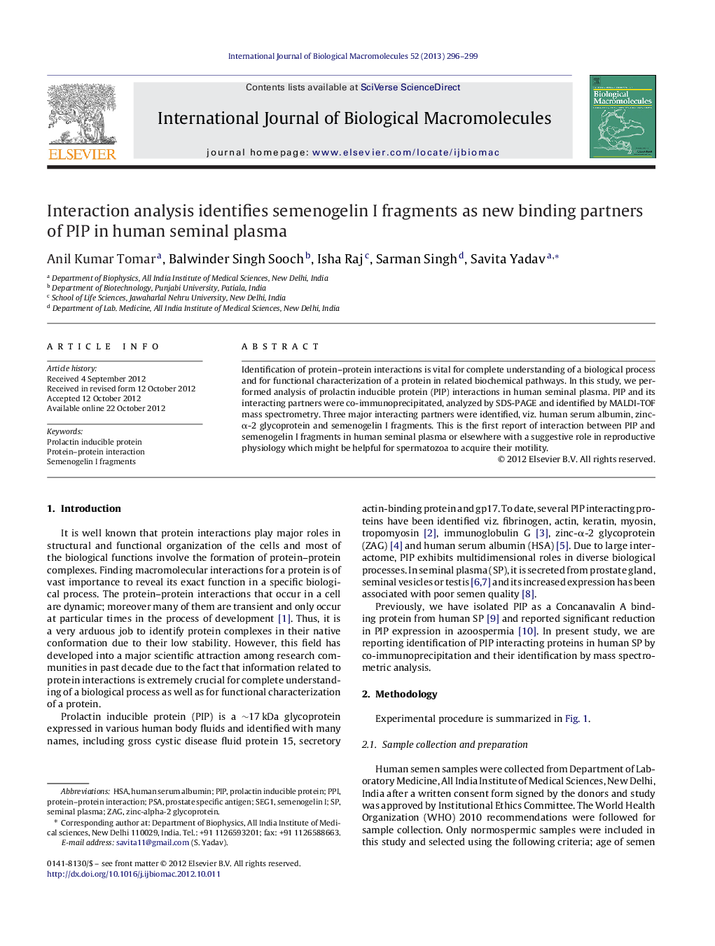 Interaction analysis identifies semenogelin I fragments as new binding partners of PIP in human seminal plasma