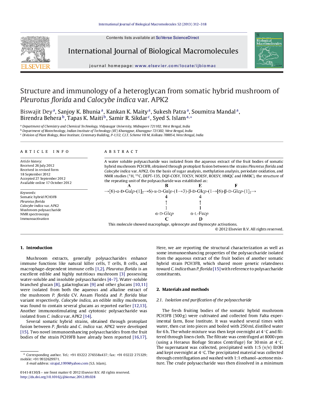 Structure and immunology of a heteroglycan from somatic hybrid mushroom of Pleurotus florida and Calocybe indica var. APK2