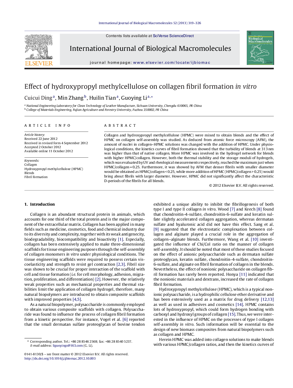 Effect of hydroxypropyl methylcellulose on collagen fibril formation in vitro