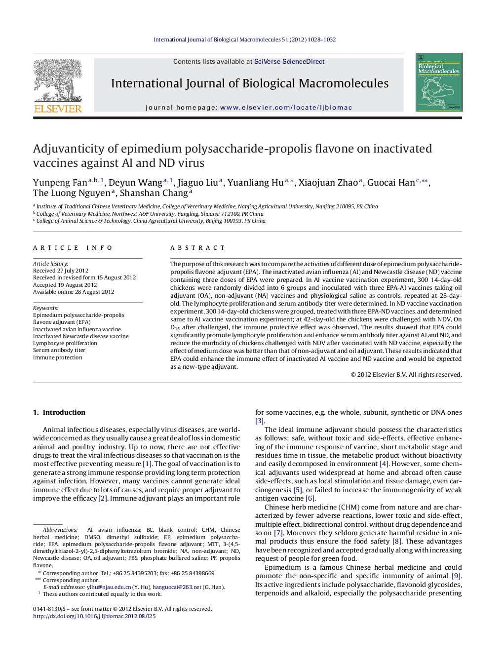 Adjuvanticity of epimedium polysaccharide-propolis flavone on inactivated vaccines against AI and ND virus