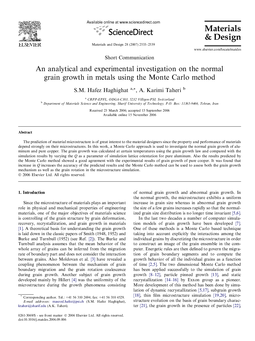 An analytical and experimental investigation on the normal grain growth in metals using the Monte Carlo method