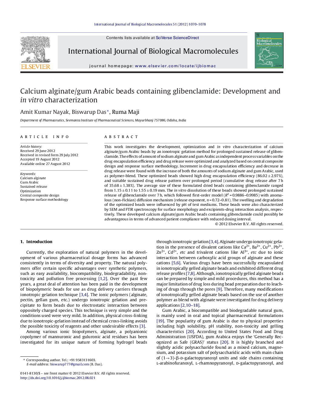 عکس صفحه اول مقاله: Calcium alginate/gum Arabic beads containing glibenclamide: Development and in vitro characterization Calcium alginate/gum Arabic beads containing glibenclamide: Development and in vitro characterization