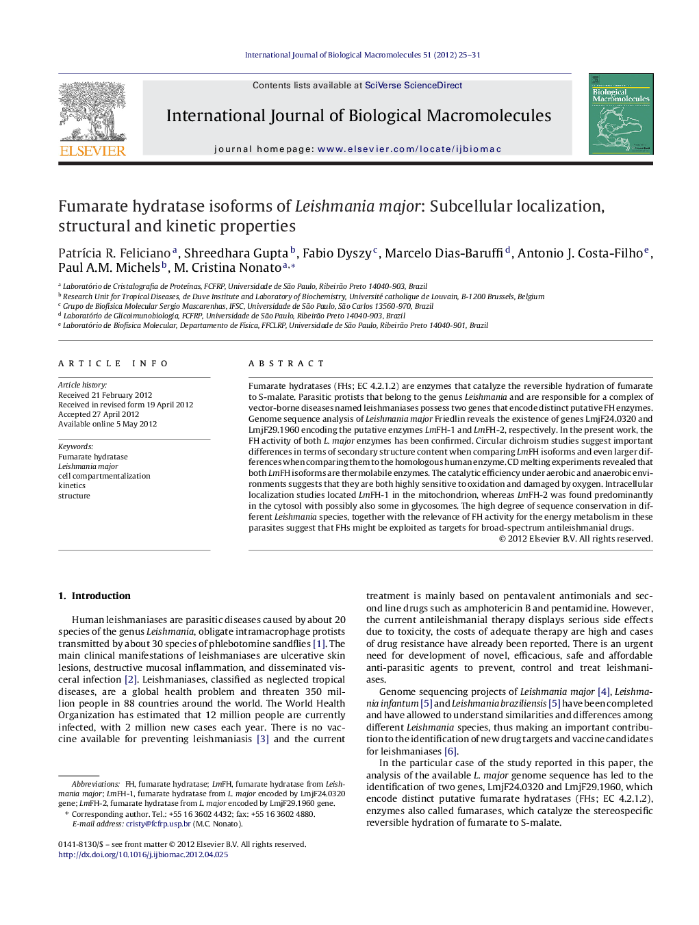 Fumarate hydratase isoforms of Leishmania major: Subcellular localization, structural and kinetic properties