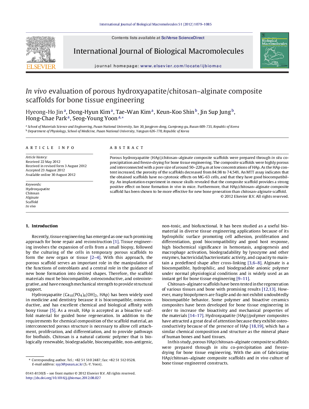 In vivo evaluation of porous hydroxyapatite/chitosan-alginate composite scaffolds for bone tissue engineering