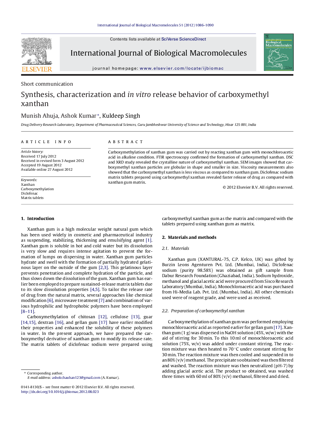 Synthesis, characterization and in vitro release behavior of carboxymethyl xanthan