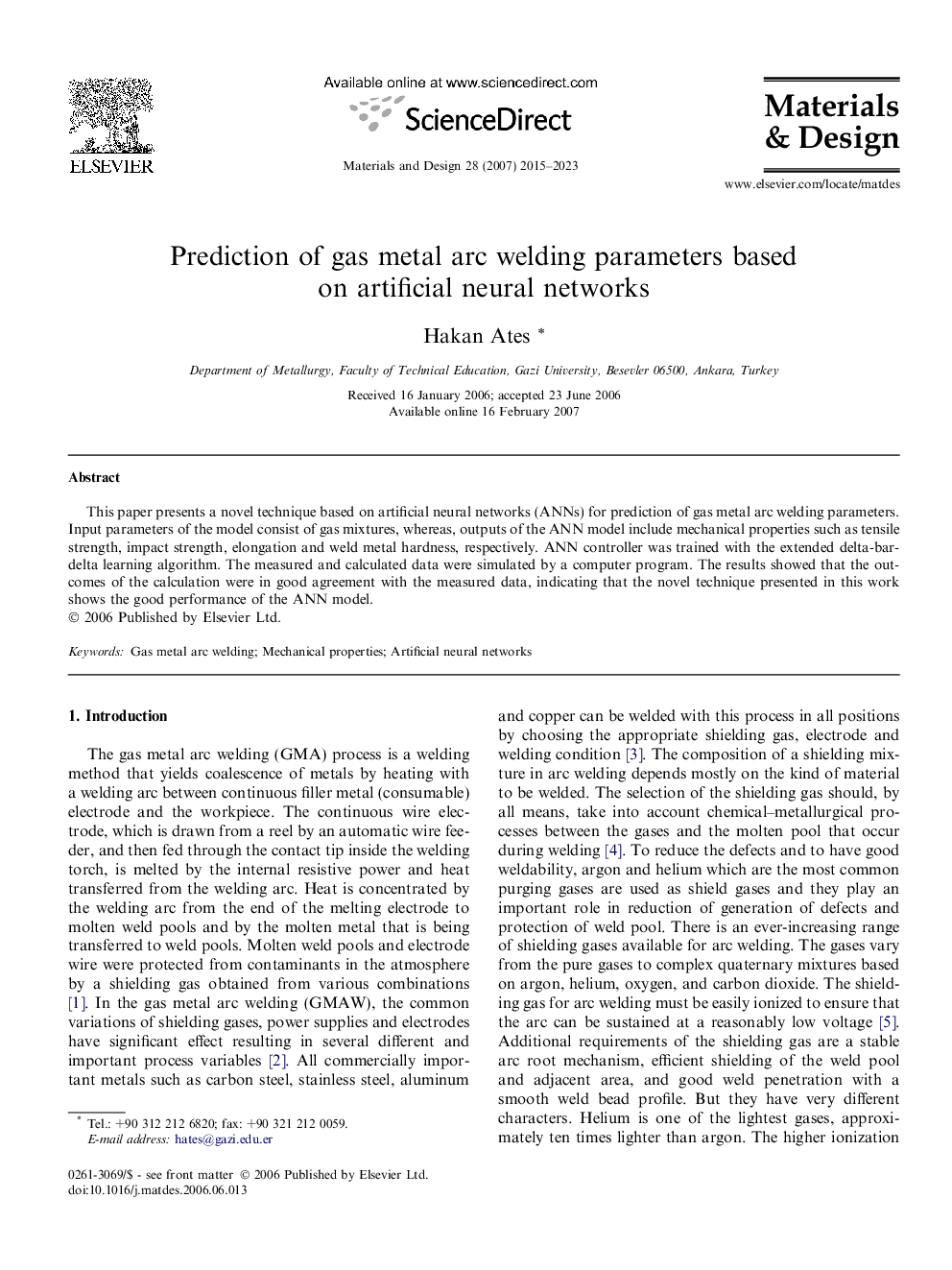 Prediction of gas metal arc welding parameters based on artificial neural networks