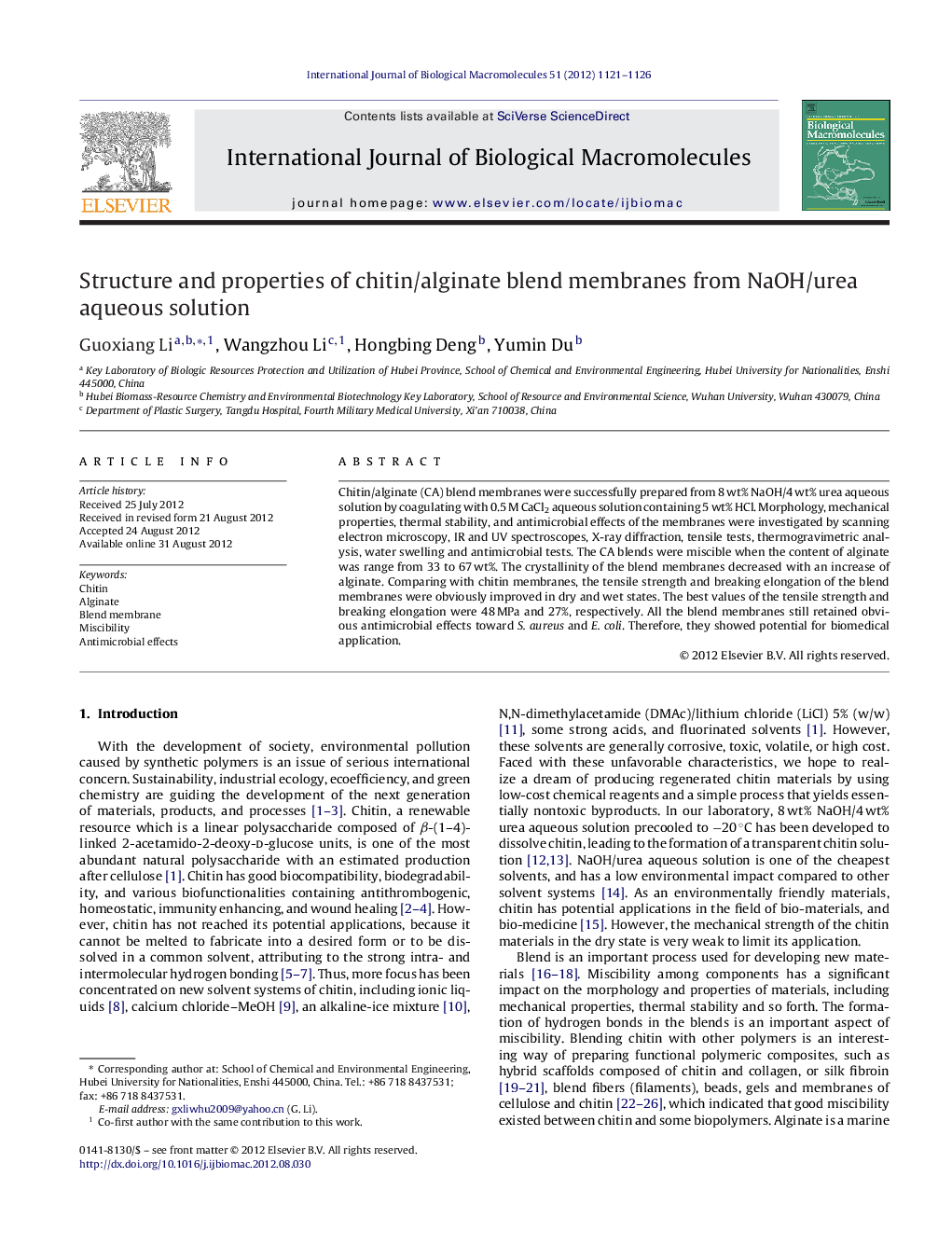 Structure and properties of chitin/alginate blend membranes from NaOH/urea aqueous solution