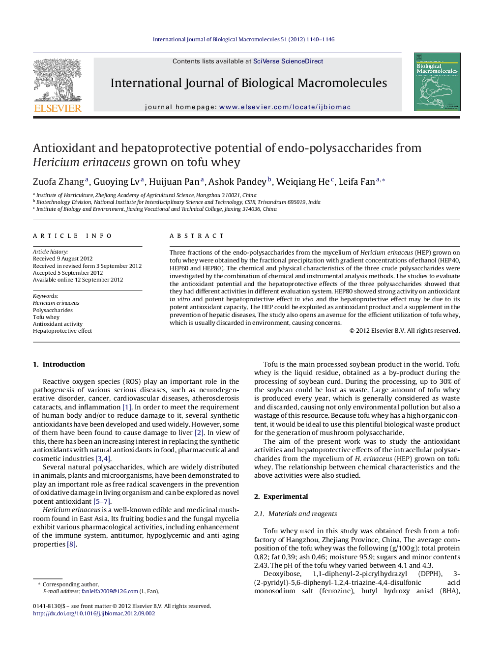 عکس صفحه اول مقاله: Antioxidant and hepatoprotective potential of endo-polysaccharides from Hericium erinaceus grown on tofu whey Antioxidant and hepatoprotective potential of endo-polysaccharides from Hericium erinaceus grown on tofu whey