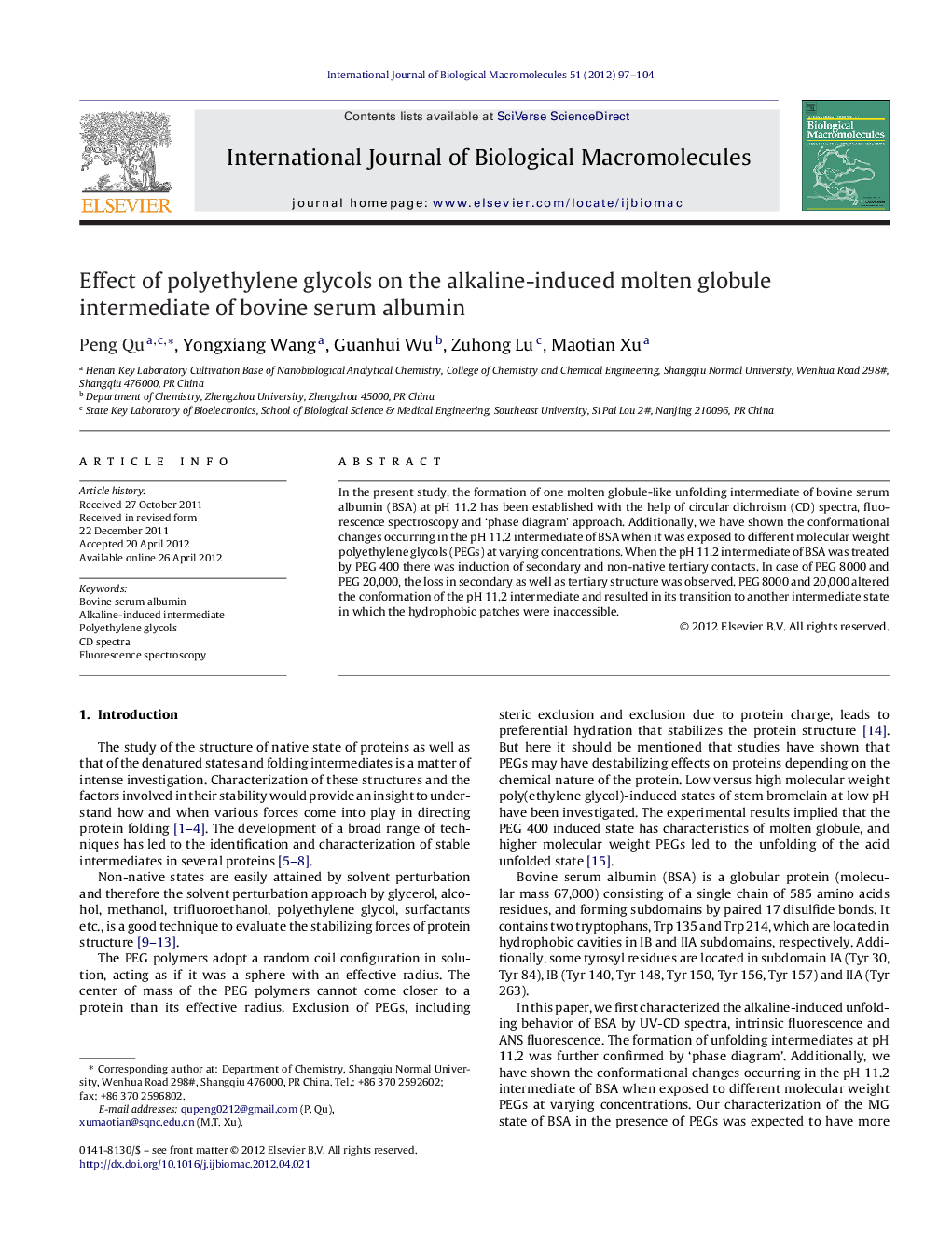 Effect of polyethylene glycols on the alkaline-induced molten globule intermediate of bovine serum albumin