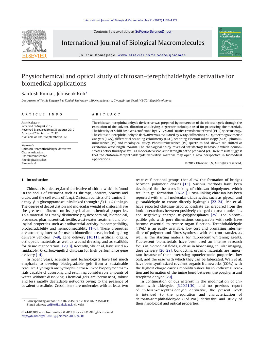 Physiochemical and optical study of chitosan-terephthaldehyde derivative for biomedical applications