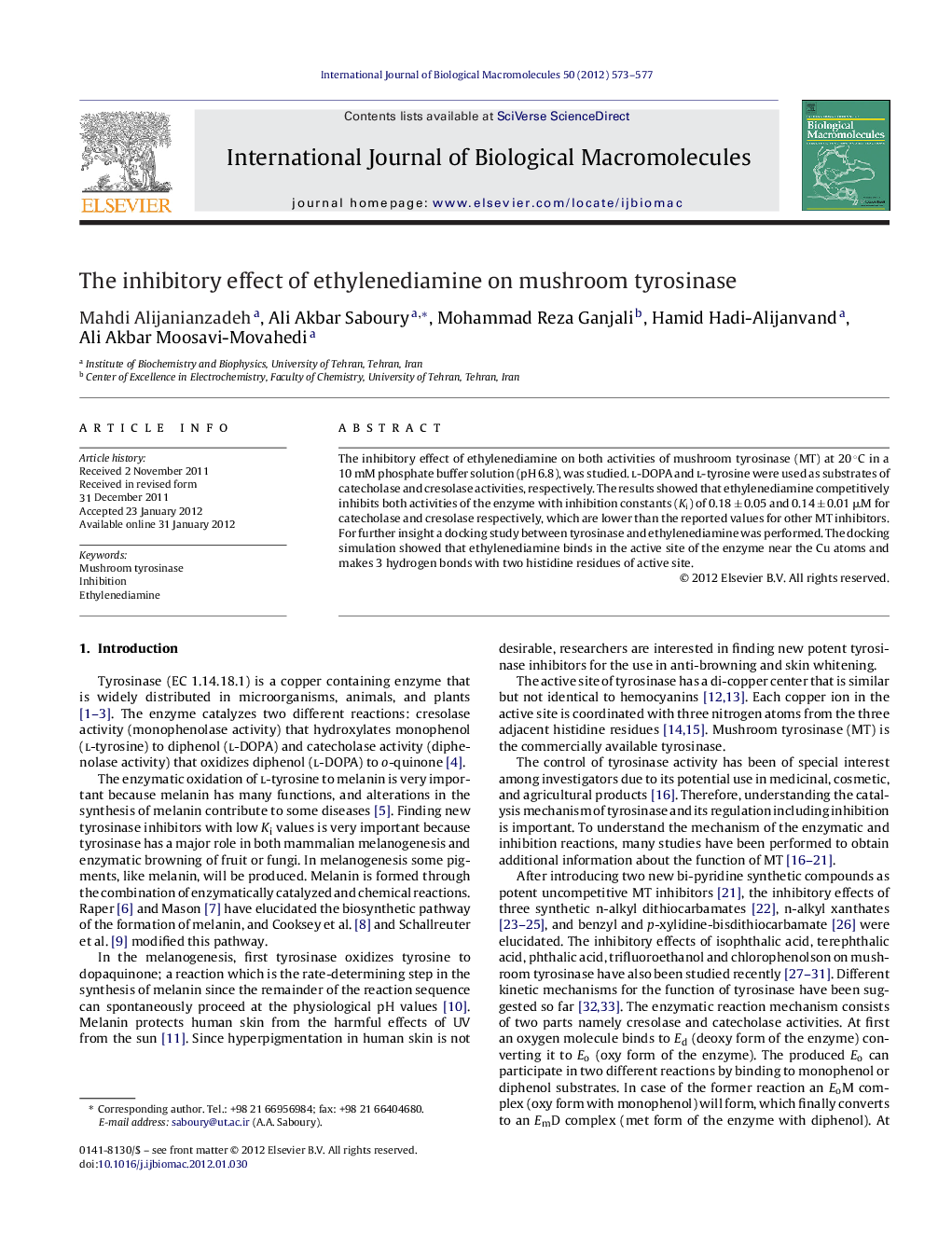 The inhibitory effect of ethylenediamine on mushroom tyrosinase