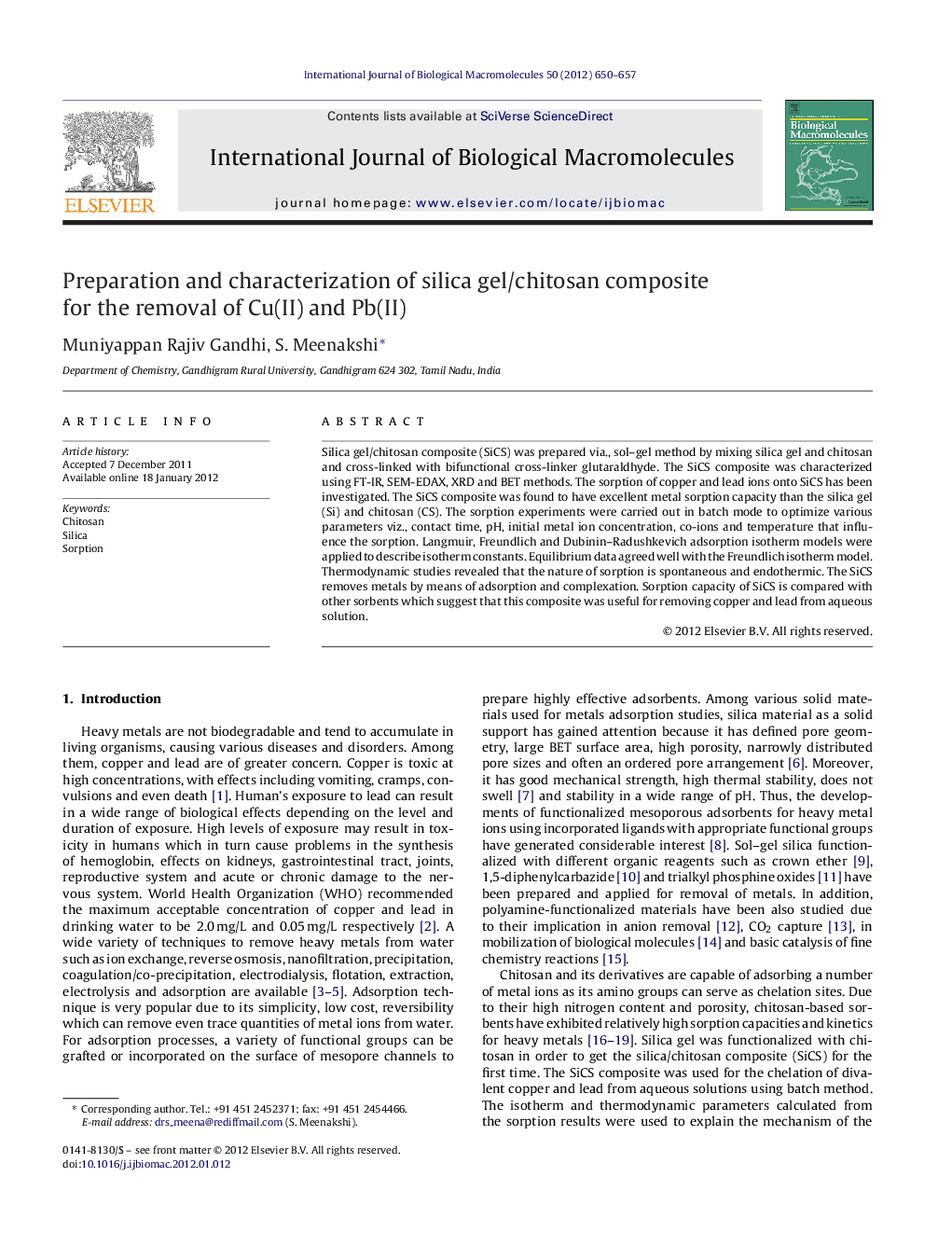 Preparation and characterization of silica gel/chitosan composite for the removal of Cu(II) and Pb(II)